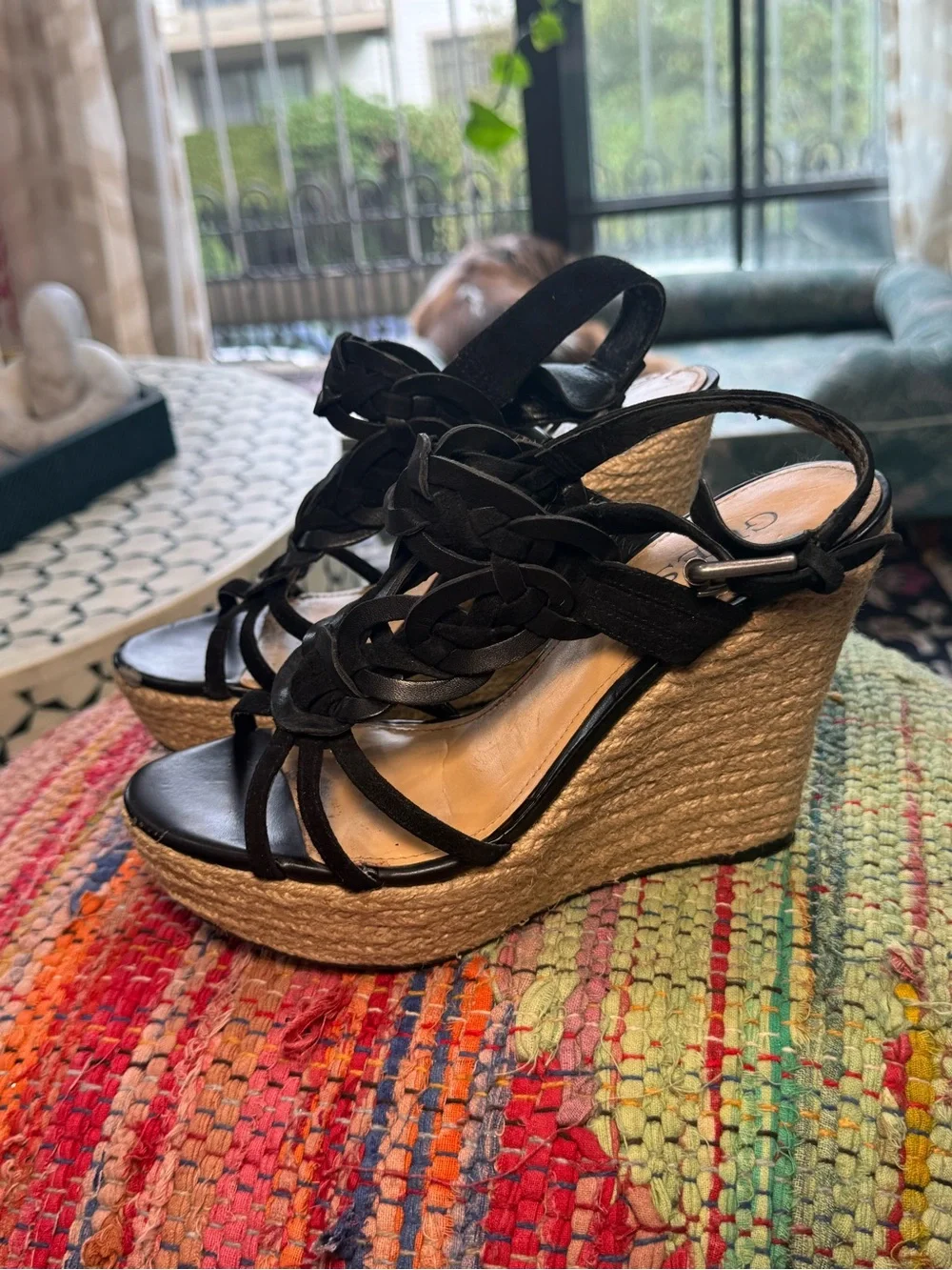 ➰ Guess Black Braided Espadrille Wedge Sandals ➰